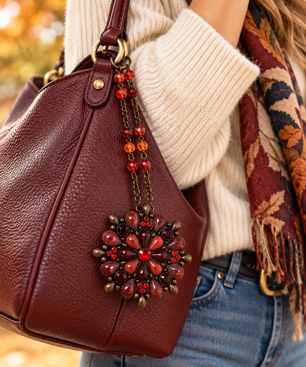 Red Burgundy Floral Purse Charm Acrylic Beaded Bag Dangle Bronze Tone Chain 8"